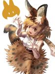  9to9 animal_ears bare_shoulders belt blonde_hair bow bowtie claw_pose commentary_request elbow_gloves eyebrows_visible_through_hair full_body gloves kemono_friends open_mouth serval_(kemono_friends) serval_ears serval_print serval_tail short_hair simple_background skirt smile solo tail white_background 