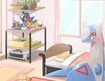  altaria ambiguous_gender bed bedding blanket blush cresselia dedenne ditto ecru_(artist) electrode garchomp gengar jirachi kyogre latios legendary_pok&eacute;mon looking_at_viewer nintendo oddish open_mouth pillow plushie pok&eacute;mon solo victini video_games 