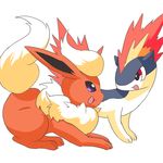  ambiguous_gender duo ecru_(artist) eeveelution feral flareon nintendo open_mouth pok&eacute;mon purple_eyes quilava red_eyes simple_background video_games white_background 