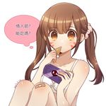  atobesakunolove bandaid bandaid_on_knee blush bra brown_eyes brown_hair chinese commentary d.va_(overwatch) dated facial_mark handheld_game_console highres holding_handheld_game_console long_hair looking_at_viewer overwatch playstation_vita simple_background solo tattoo thought_bubble translated twintails underwear white_background white_bra 