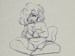  anthro banana blue_theme breasts clothed clothing female food fruit higgyy mammal monkey primate sitting sketch slightly_chubby smile solo 