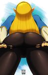  ass ass_focus blonde_hair fingerless_gloves from_behind from_below gloves highres long_hair naavs pants pointy_ears princess_zelda riding_crop solo the_legend_of_zelda the_legend_of_zelda:_breath_of_the_wild thigh_gap tight tight_pants 