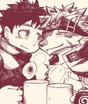  bandanna black_nose canine cheers clothed clothing cup duo fur gloves hair hatake horkeukamui human jacket looking_into_eyes male mammal muscular pecs smile snout tokyo_afterschool_summoners wolf 