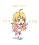  ahoge arrow belt blonde_hair character_name chibi ddhs dot_nose eyebrows_visible_through_hair fishnets full_body green_eyes hoshii_miki idol idolmaster idolmaster_(classic) jacket jewelry long_hair necklace open_mouth pink_diamond_765 pink_jacket pointing shorts solo very_long_hair 