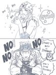  arm_warmers bandana blush clenched_teeth comic english goggles gyro_zeppeli hat hood hoodie horseshoe johnny_joestar jojo_no_kimyou_na_bouken laughing monochrome multiple_boys open_mouth out_of_character reammara short_hair smile sparkle star star_print steel_ball_run sweatdrop teeth trembling x_arms 