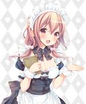  :d argyle argyle_background black_bow blush bow bowtie breasts brown_hair cleavage commentary_request highres hinako_note looking_at_viewer maid maid_headdress march-bunny medium_breasts menu menu_board open_mouth red_eyes sakuragi_hinako short_hair smile solo twintails 
