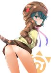  :&lt; ass bangs blue_eyes blue_hair closed_mouth cowboy_shot eyebrows_visible_through_hair hair_between_eyes hands_in_pockets highres hood hood_up hoodie japari_symbol kemono_friends looking_at_viewer looking_back muoto simple_background snake_tail solo tail thighs tsuchinoko_(kemono_friends) white_background 