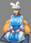  2017 animal_humanoid big_breasts blonde_hair breasts canine chanta clothed clothing digital_media_(artwork) female fox fox_humanoid grey_background hair huge_breasts humanoid mammal open_mouth ran_yakumo simple_background solo sweat teeth touhou 