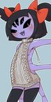  anthro arachnid arthropod black_hair blush bow clothing female hair legwear looking_at_viewer muffet open_mouth spider standing stockings tongue undertale video_games virgin_killer_sweater 泥　どねる_(artist) 