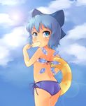  1girl ass bare_arms bare_shoulders bikini blue_eyes blue_hair blue_sky blush bushi_(1622035441) child cirno cloud cowboy_shot day food from_behind holding ice_cream innertube looking_back midriff short_hair side-tie_bikini sky solo standing sun swimsuit thighs touhou wings 