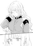  2koma braid closed_eyes comic fate/grand_order fate_(series) florence_nightingale_(fate/grand_order) greyscale hair_down highres long_hair looking_at_viewer meeko military military_uniform monochrome uniform 