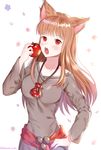  :o animal_ears apple artist_name bangs bite_mark blunt_bangs blush breasts brown_hair brown_shirt cat_ears eyebrows_visible_through_hair food fruit hand_on_hip highres holding holding_food holding_fruit holo jewelry long_hair long_sleeves looking_at_viewer medium_breasts necklace no_tail open_mouth pouch red_eyes round_teeth shirt simple_background solo spice_and_wolf teeth tongue twitter_username ubi_(ekdus6080) white_background wolf_ears wolf_girl 