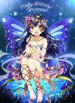  :d absurdres ankle_lace-up bandeau bangs barefoot blue_hair butterfly_hair_ornament butterfly_wings character_name cross-laced_footwear crossed_bangs dated floating flower flower_necklace full_body hair_ornament happy_birthday head_wreath highres jewelry layered_skirt long_hair love_live! love_live!_school_idol_project necklace open_mouth sakura_yuki_(clochette) smile solo sonoda_umi sparkle wings yellow_eyes 