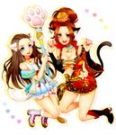  2girls animal_ears bare_shoulders blue_eyes boots breasts brown_eyes brown_hair choker detached_sleeves flower frills hair_ornament hayakawa-dono japanese_clothes kaihime long_hair multiple_girls open_mouth ponytail sengoku_musou skirt tail underboob wide_sleeves 