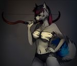  5_fingers angiewolf anthro bare_shoulders black_nose bow canine chest_wraps clothed clothing dog female fur grey_fur holding_object holding_weapon mammal navel simple_background smile solo stading weapon wraps 