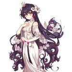  black_hair breasts cat cleavage dress flower flying hair_flower hair_ornament hand_on_own_chest long_hair looking_at_viewer medium_breasts official_art pika_(kai9464) tiara transparent_background uchi_no_hime-sama_ga_ichiban_kawaii white_dress wings yellow_eyes yumemi_(uchi_no_hime-sama) 