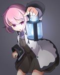  akaino_(akaomi) character_request eyebrows_visible_through_hair holding_lantern lantern long_sleeves looking_at_viewer open_mouth pink_eyes pink_hair short_hair solo white_coat 