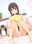  bangs barefoot bedroom black_hair black_skirt brown_eyes closed_mouth curtains dutch_angle eyebrows_visible_through_hair failure_penguin fubuki_(kantai_collection) hair_ornament hairclip indoors kantai_collection knees_up looking_at_viewer md5_mismatch on_bed ookawa_wataru panties pantyshot pantyshot_(sitting) pillow pillow_hug plant potted_plant remodel_(kantai_collection) school_uniform serafuku sitting skirt smile solo thighs underwear white_panties window 