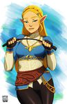  bangs black_legwear blonde_hair breasts forehead green_eyes hair_ornament hairclip half-closed_eyes highres long_hair looking_at_viewer naavs pants pantyhose parted_bangs pointy_ears princess_zelda riding_crop seductive_smile small_breasts smile solo the_legend_of_zelda the_legend_of_zelda:_breath_of_the_wild thick_eyebrows tight tight_pants 