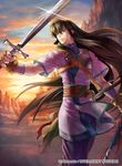  brown_hair company_name fingerless_gloves fire_emblem fire_emblem:_seisen_no_keifu fire_emblem_cipher full_body gloves kita_senri long_hair male_focus mountain official_art rock shanan_(fire_emblem) sky solo sword very_long_hair weapon yellow_eyes 