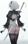  absurdres ass black_gloves black_legwear blindfold bob_cut boots from_behind gloves gradient gradient_background hairband highres juliet_sleeves leotard long_sleeves mole mole_under_mouth nier_(series) nier_automata no_pants puffy_sleeves short_hair shoulder_blades silver_hair simple_background solo sword thigh_boots thighhighs weapon yohan1754 yorha_no._2_type_b 