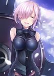  absurdres armor armored_dress arms_behind_back black_armor breasts closed_eyes cloud commentary_request cowboy_shot day elbow_gloves fate/grand_order fate_(series) gloves hair_over_one_eye highres large_breasts mash_kyrielight nagiha_kuten open_mouth petals pink_hair shield short_hair sky smile solo 
