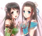  2girls bare_shoulders black_hair blue_eyes blush breasts brown_eyes chinese_clothes crossover detached_sleeves elbow_gloves flower gloves guan_yinping hair_ornament hayakawa-dono japanese_clothes long_hair multiple_girls open_mouth sengoku_musou shin_sangoku_musou smile 