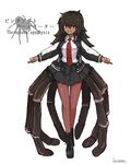  artist_name black_hair boots bug dark_skin fangs hair_between_eyes insect_girl jacket lansane long_hair long_sleeves looking_at_viewer monster_girl necktie open_mouth original personification pleated_skirt red_eyes school_uniform scientific_name shirt skirt smile solo spider spider_girl spider_legs translation_request uniform white_background white_shirt 