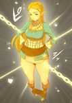  absurdres blonde_hair blue_eyes boots chain gameplay_mechanics glowing hair_ornament hairclip hands_on_hips highres iku_(ikuchan_kaoru) long_hair looking_at_viewer moderate_pubic_hair no_panties pants_down pointy_ears princess_zelda pubic_hair solo the_legend_of_zelda the_legend_of_zelda:_breath_of_the_wild time_stop 