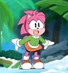  2018 amy_rose clothed clothing coat cold digital_media_(artwork) eulipotyphlan female footwear forest gloves hair happy hedgehog joaoppereiraus kerchief mammal mittens open_mouth open_smile pink_hair pink_skin shoes skirt smile snow sonic_(series) sonic_mania tree video_games winter winter_clothes 