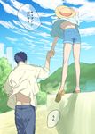  ace_of_diamond bad_id bad_pixiv_id blue_sky breasts cloud cloudy_sky commentary_request couple day denim from_behind hat holding_hands jeans kimidake kominato_haruichi male_focus mountain multiple_boys pants pink_hair sandals shirt short_hair shorts sky small_breasts sun_hat t-shirt tree walking wall wind wind_lift yaoi yuuki_tetsuya 