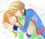  anna_(frozen) blonde_hair blue_eyes closed_eyes couple elsa_(frozen) frozen_(disney) happy holding_hands hug hug_from_behind incest itsuki_(itsukiovo) lying multiple_girls on_side orange_hair siblings sisters smile spooning yuri 