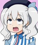  ahegao blue_eyes gradient gradient_background hat kantai_collection kashima_(kantai_collection) lawson masara masara_ahegao silver_hair solo striped twintails uniform 