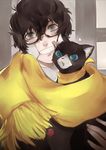  absurdres amamiya_ren animal artist_request black_hair blue_eyes blush cape cat glasses highres looking_at_viewer male_focus morgana_(persona_5) persona persona_5 smile 