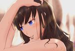  adjusting_hair alternate_hairstyle amagami blue_eyes blush brown_hair hair_tie hair_tie_in_mouth hairdressing hands_in_hair long_hair morishima_haruka mouth_hold solo upper_body wet winu_(pixiv288510) 