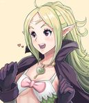  :d ahoge artist_request bangs blush breasts cape circlet collarbone fire_emblem fire_emblem:_kakusei gem gloves green_hair heart long_hair looking_to_the_side mamkute nono_(fire_emblem) open_mouth parted_bangs pointy_ears purple_eyes purple_gloves simple_background small_breasts smile solo upper_body yellow_background 
