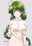  :p ahoge alternate_costume blue_eyes blush braid breasts clothes_lift green_hair groin kantai_collection long_hair long_sleeves medium_breasts mikage_takashi navel simple_background single_braid solo stomach sweater sweater_lift tongue tongue_out turtleneck turtleneck_sweater twitter_username very_long_hair white_background white_sweater yuugumo_(kantai_collection) 