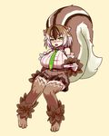  animal_ears bare_shoulders beige_background blush breasts brown_fur brown_hair brown_skirt embarrassed fluffy full_body fur green_eyes green_neckwear highres huge_breasts invisible_chair knees_together_feet_apart large_tail letter looking_at_viewer love_letter monster_girl monster_girl_encyclopedia multicolored_hair nav necktie nose_blush open_mouth paws ratatoskr_(monster_girl_encyclopedia) short_hair simple_background sitting skirt solo squirrel_ears squirrel_tail streaked_hair striped_tail tail white_hair 
