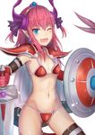  :d armor asymmetrical_horns bad_id bad_pixiv_id bikini bikini_armor black_legwear blue_eyes blush breasts broadsword cape choker curled_horns dragon_tail earrings elizabeth_bathory_(brave)_(fate) elizabeth_bathory_(fate)_(all) eyebrows_visible_through_hair fang fate/grand_order fate_(series) groin highres horns jewelry komainu_(yamaha1997) long_hair looking_at_viewer loose_bikini navel one_eye_closed open_mouth oversized_clothes pauldrons pink_hair pointy_ears red_armor red_bikini shield silver_trim simple_background small_breasts smile solo swimsuit sword tail thighhighs tiara v-shaped_eyebrows vambraces weapon white_background white_cape 