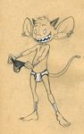  anthro balls barefoot big_ears briefs bulge clothing dialogue full-length_portrait grin holding_object holding_underwear horn imp male monochrome not_furry piercing plantigrade portrait rear_view sharp_teeth slim smile solo spade_tail teeth thong traditional_media_(artwork) tush tush_(character) underwear 