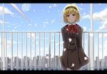  aegis_(persona) arms_behind_back blonde_hair blue_eyes blue_sky blush cherry_blossoms cloud day guatemala headband letterboxed looking_at_viewer persona persona_3 railing red_ribbon ribbon school_uniform short_hair sky smile solo windmill 