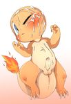  balls blue_eyes blush censored charmander cum cum_on_face doneru humanoid_penis male nintendo one_eye_closed penis pok&eacute;mon simple_background solo video_games white_background 