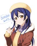  blue_hair brown_eyes dated fur_trim hair_ornament hair_twirling hairclip hat highres hood hooded_jacket jacket long_hair looking_at_viewer love_live! love_live!_school_idol_project shirt smile solo sonoda_umi sweater white_background yu-ta 