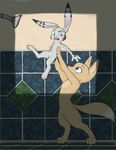  absurd_res anthro arctic_fox blue_eyes buckteeth canine disney duo female fox grin hi_res jack_savage lagomorph lifting male mammal nude open_mouth rabbit shower size_difference skye_(zootopia) smile teeth tongue water zootopia 