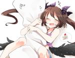  abe_suke black_wings blush body_pillow brown_hair cake checkered closed_eyes dreaming food himekaidou_hatate image_sample open_mouth pixiv_sample solo tank_top touhou twintails wings 