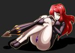  1girl ass bare_legs breasts fingernails hair_over_one_eye impossible_shirt large_breasts legs long_fingernails long_hair looking_at_viewer numb panties parasoul_(skullgirls) red_hair shiny shiny_clothes shiny_hair shiny_skin skullgirls solo umbrella underwear yellow_eyes 