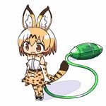  :d animal_ears blonde_hair bow gloves jumping_frog_toy kanikama kemono_friends lowres open_mouth serval_(kemono_friends) serval_ears serval_print serval_tail short_hair smile tail 