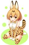  animal_ears bare_shoulders blonde_hair blush bow clenched_hands elbow_gloves fang full_body gloves kemono_friends looking_at_viewer md5_mismatch nagana_sayui open_mouth serval_(kemono_friends) serval_ears serval_print serval_tail short_hair simple_background sitting sleeveless smile tail thighhighs v_arms wariza white_background yellow_eyes 