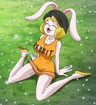  1girl :3 anthro blonde_hair breasts bunny bunny_ears bunny_girl carrot_(one_piece) edit grass happy hat large_breasts one_piece open_mouth rabbit relieved 