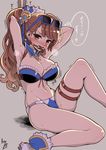  armpits arms_behind_back arms_up bdsm beatrix_(granblue_fantasy) bikini bit_gag blue_bikini blush bondage bound bound_wrists breasts brown_eyes brown_hair cleavage eyewear_on_head gag gagged granblue_fantasy hair_ornament hanauna highres large_breasts long_hair looking_at_viewer navel ponytail rope simple_background solo sunglasses sweat swimsuit thigh_strap translated 